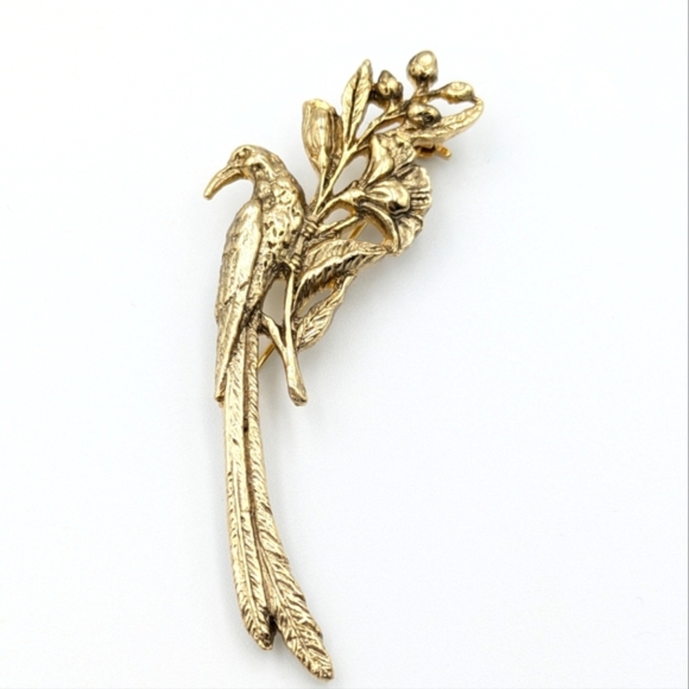 Vintage Gold Tone Bird on Branch Brooch Pin